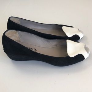 Aquatalia Black Suede White Patent Toe Wedge Flat